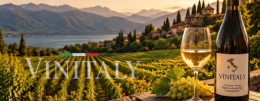 Italian vineyard above a lake at sunset, with a glass of white wine and a VINITALY bottle